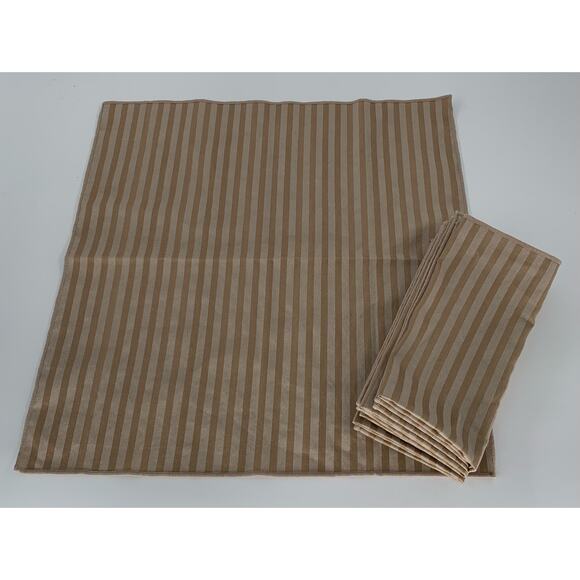 Cloth Napkins Set Of 6 Gold Beige Square Striped Cotton Rolled Hem Table Linens - Picture 3 of 4